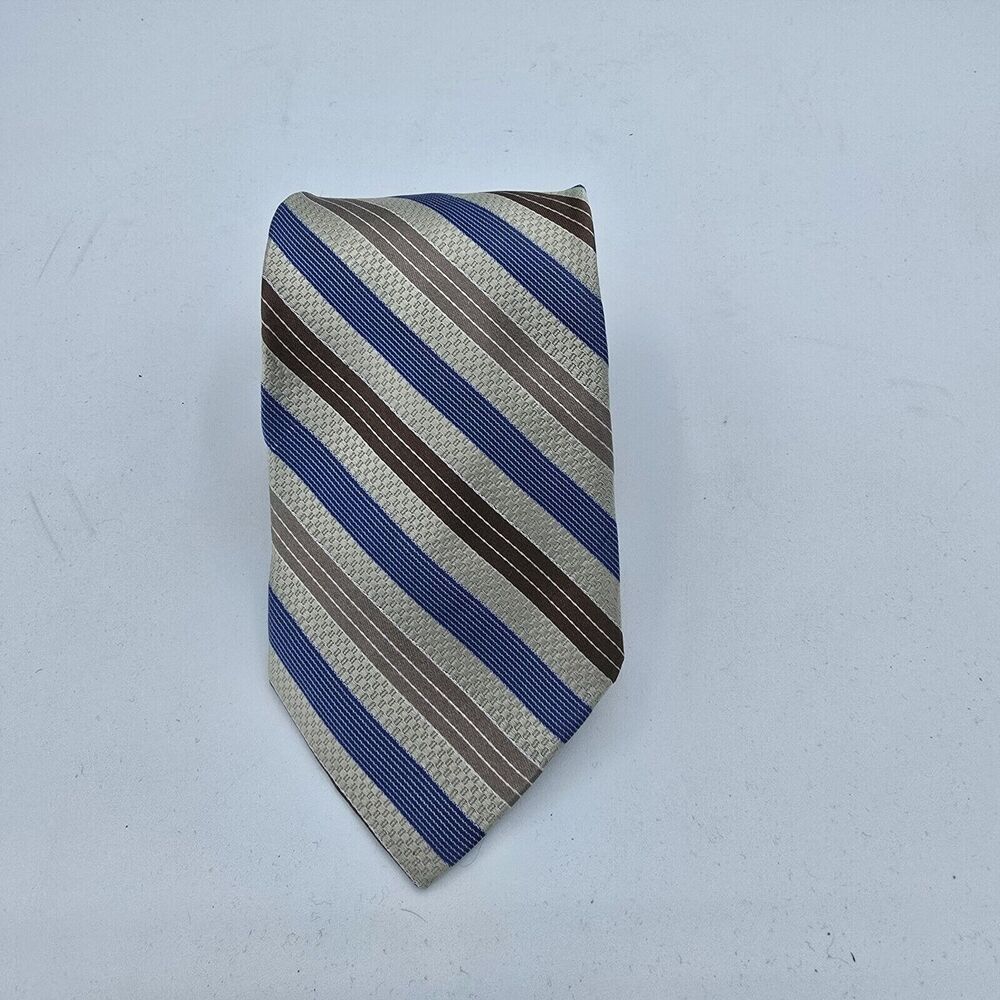 Mens Necktie Pronto Uomo Formal 57"Lx3.5"W Tan, Blue, Striped Silk Vintage